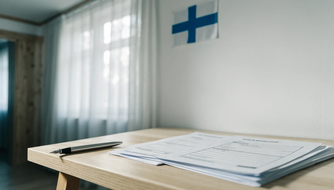 Siisti skandinaavinen työpöytä lakiasiakirjojen ja Suomen lipun kanssa
