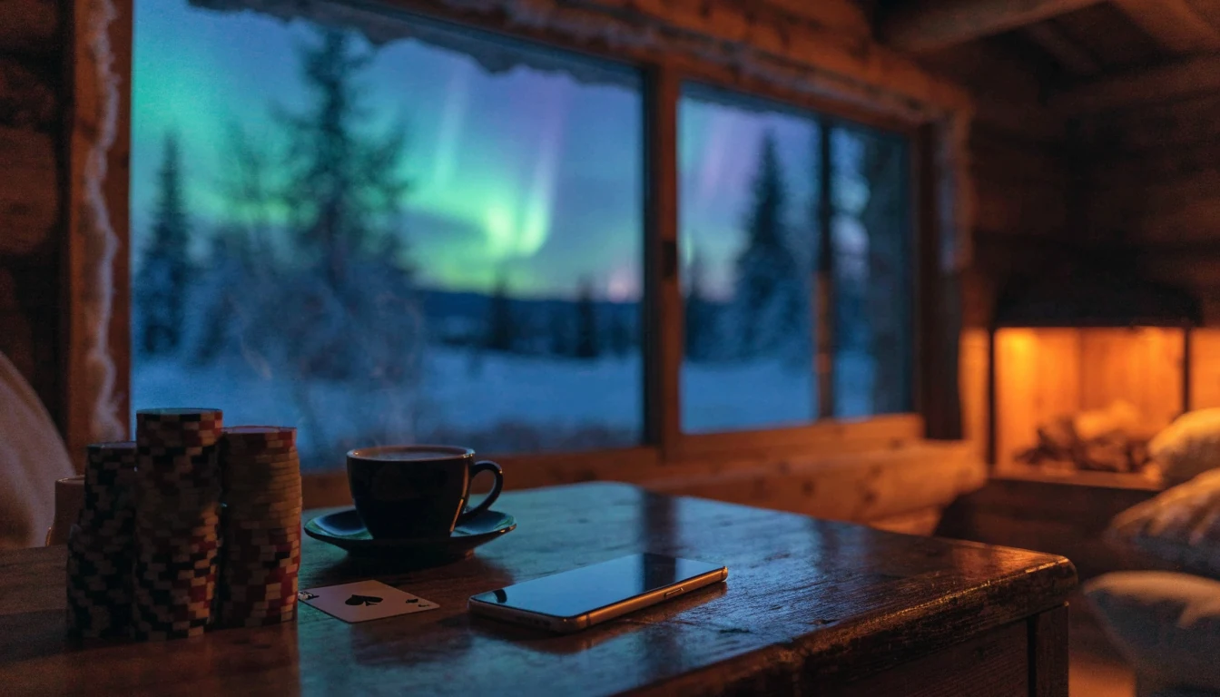 Suomalainen mökki revontulien alla, pelimerkkejä puisella pöydällä