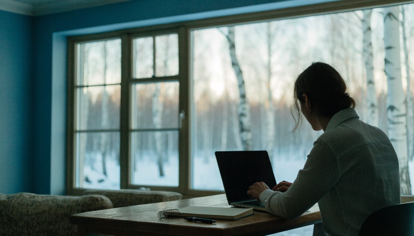 Henkilö käyttää kannettavaa tietokonetta suomalaisessa kodissa, tietosuoja-teema.
